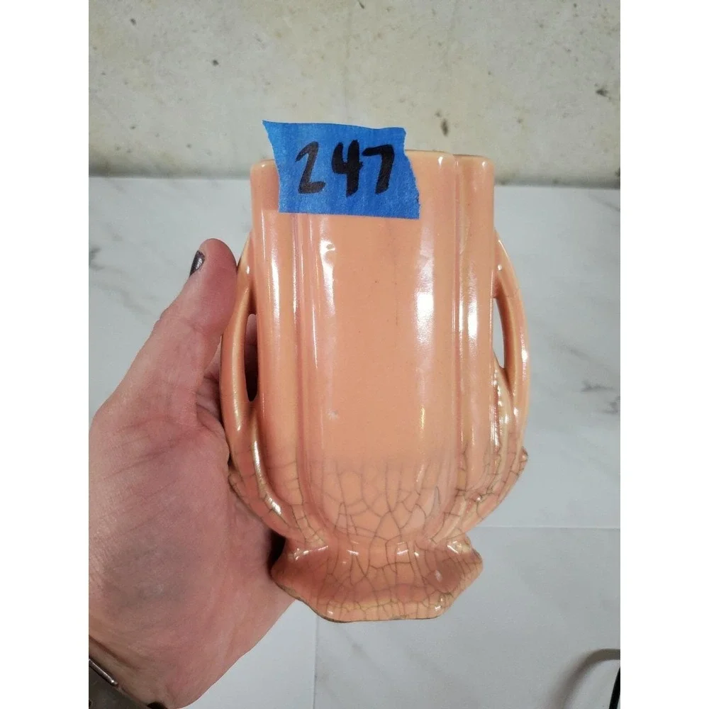 McCoy Pottery Vase, Shape 105, Coral Pink Crackle Crazing Art Deco Mcm Mid Centu